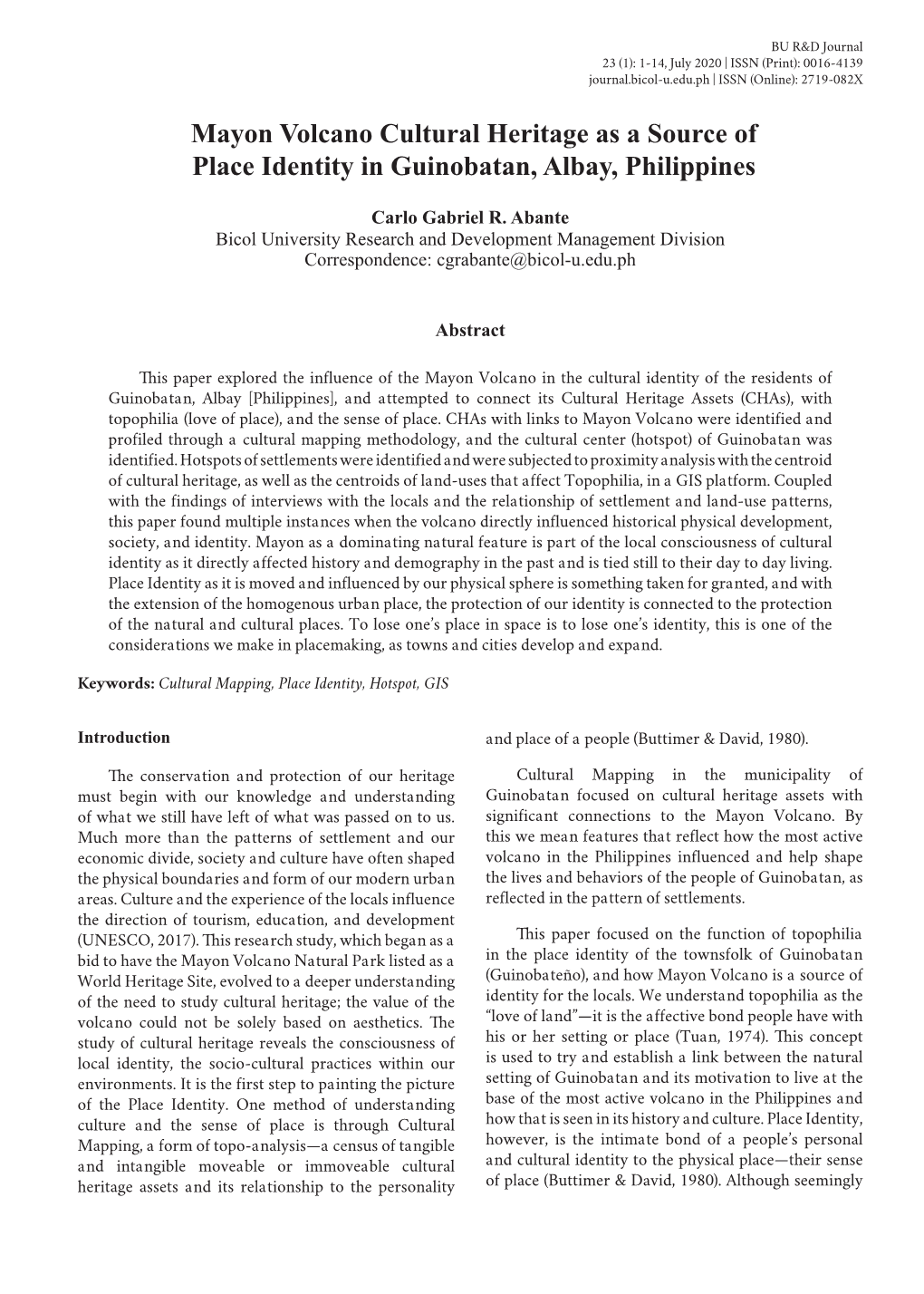 Mayon Volcano Cultural Heritage As a Source of Place Identity in Guinobatan, Albay, Philippines