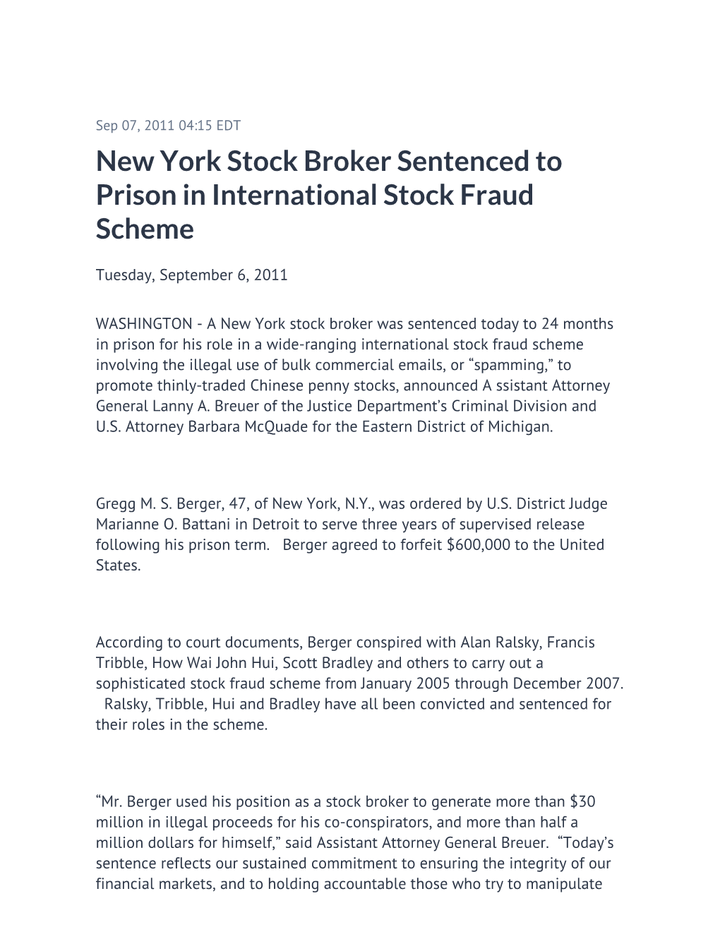 New York Stock Broker Sentenced to Prison in International Stock Fraud Scheme