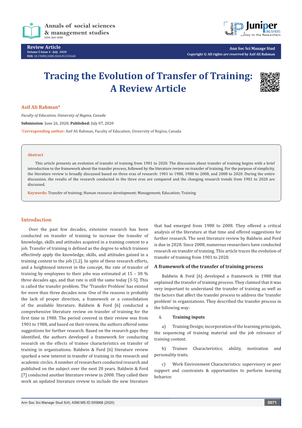 Tracing the Evolution of Transfer of Training: a Review Article