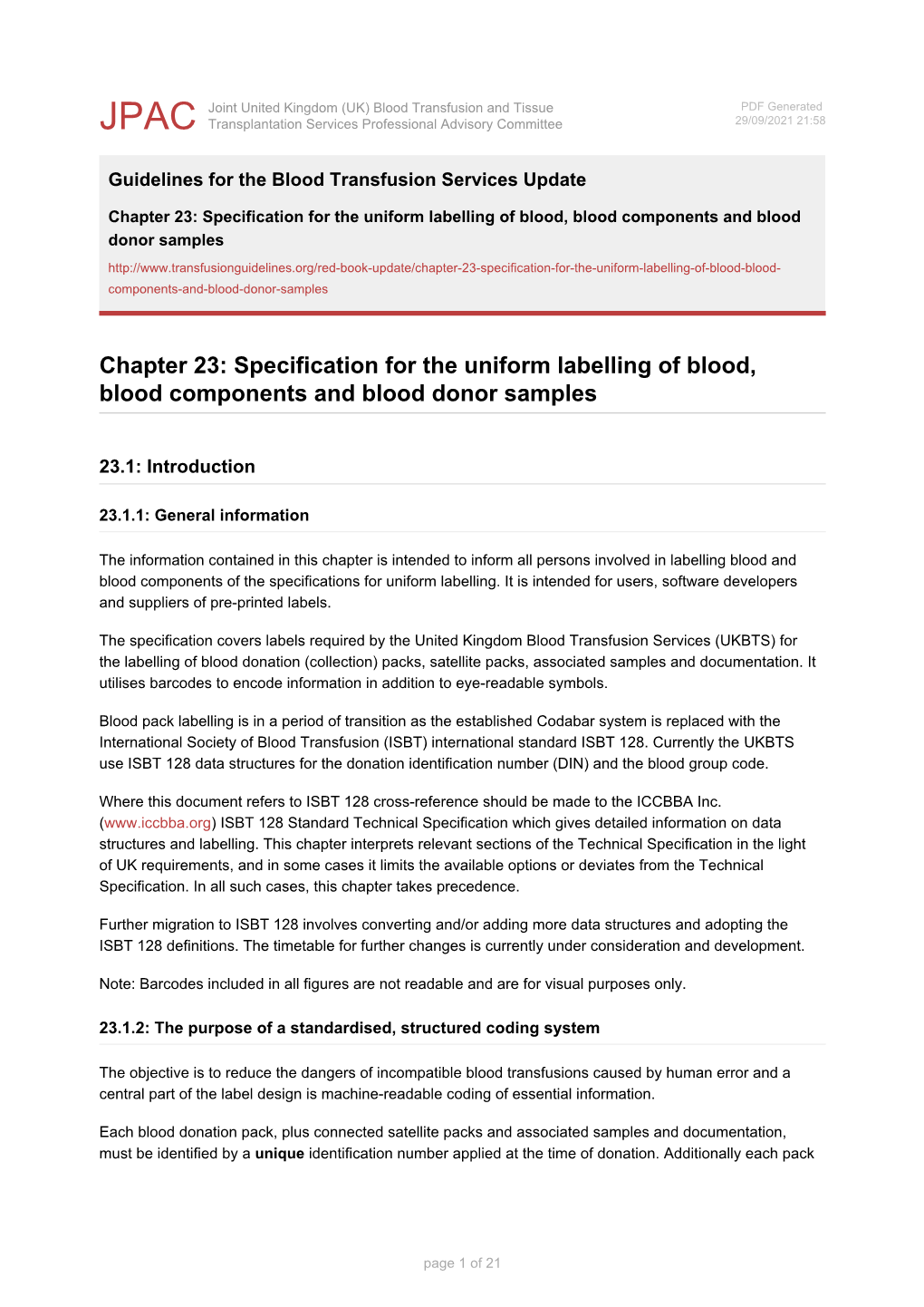 Specification for the Uniform Labelling of Blood, Blood Components and Blood Donor Samples