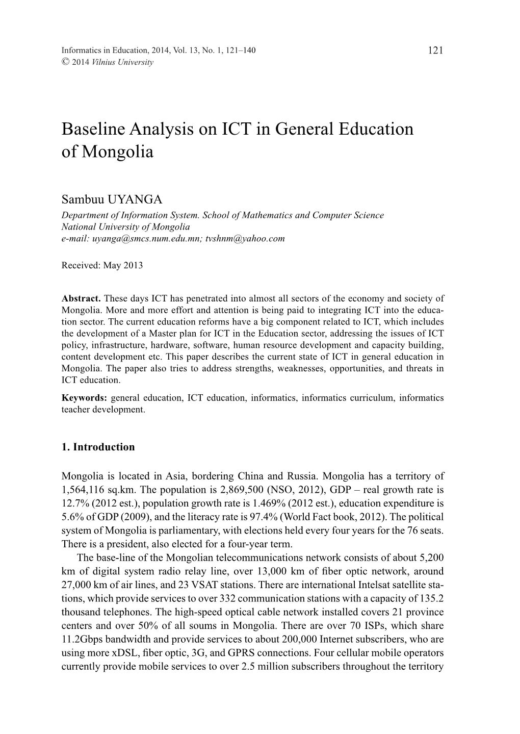 Baseline Analysis on ICT in General Education of Mongolia