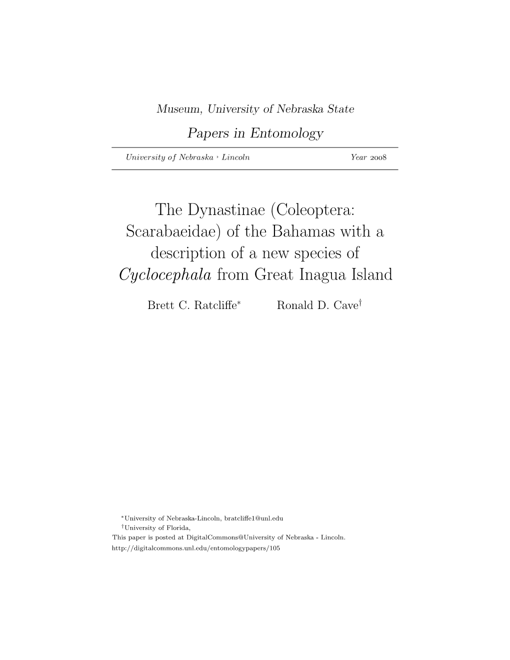 The Dynastinae (Coleoptera: Scarabaeidae) of the Bahamas with a Description of a New Species of Cyclocephala from Great Inagua Island