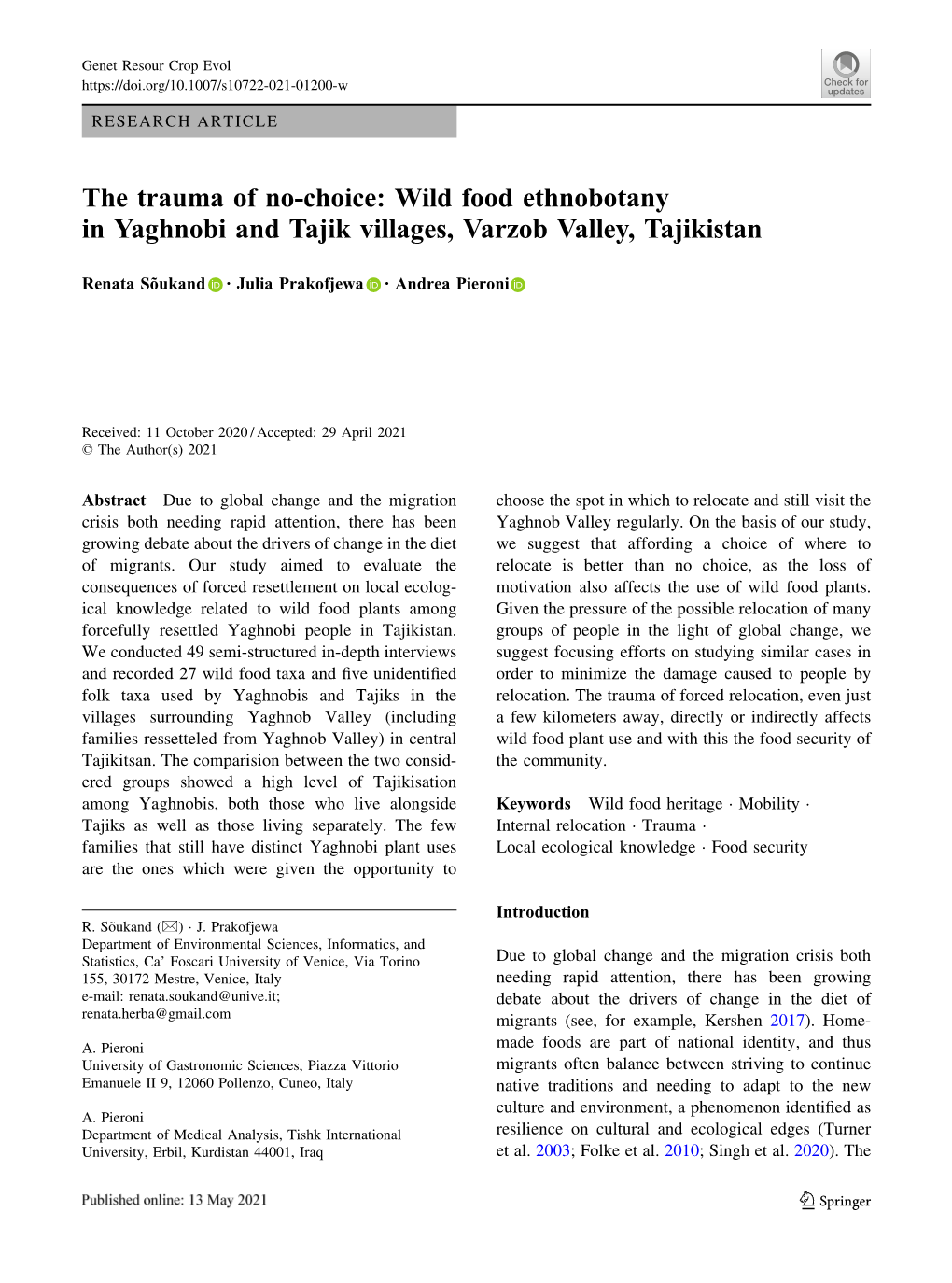 Wild Food Ethnobotany in Yaghnobi and Tajik Villages, Varzob Valley, Tajikistan