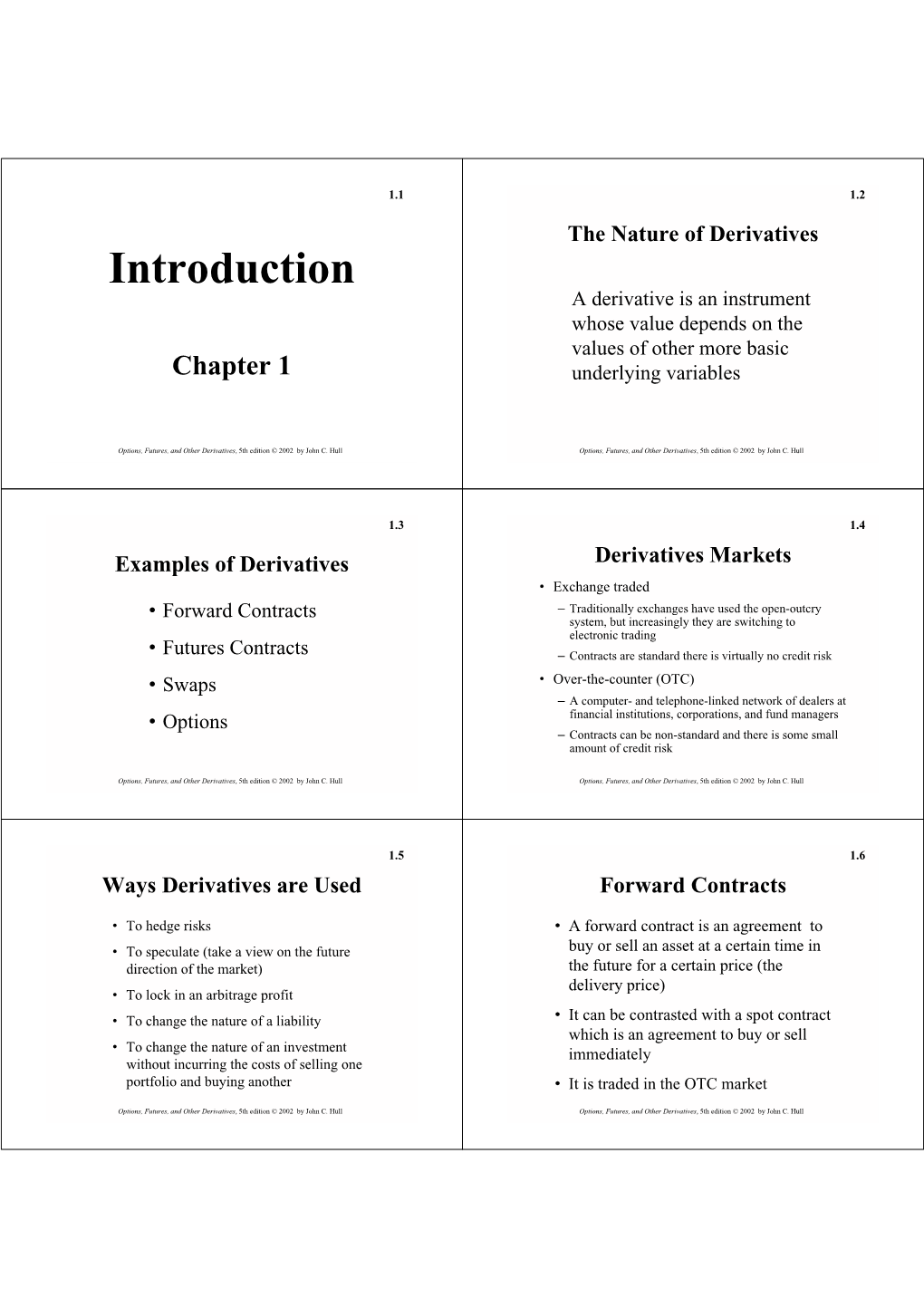 Introduction a Derivative Is an Instrument Whose Value Depends on the Values of Other More Basic Chapter 1 Underlying Variables