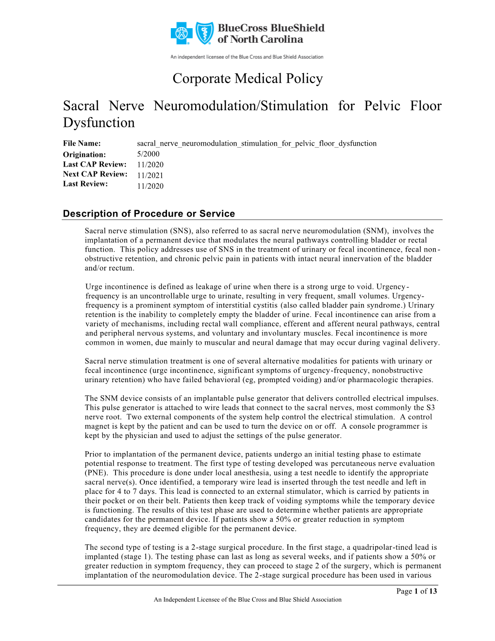 Corporate Medical Policy Sacral Nerve Neuromodulation/Stimulation for Pelvic Floor Dysfunction