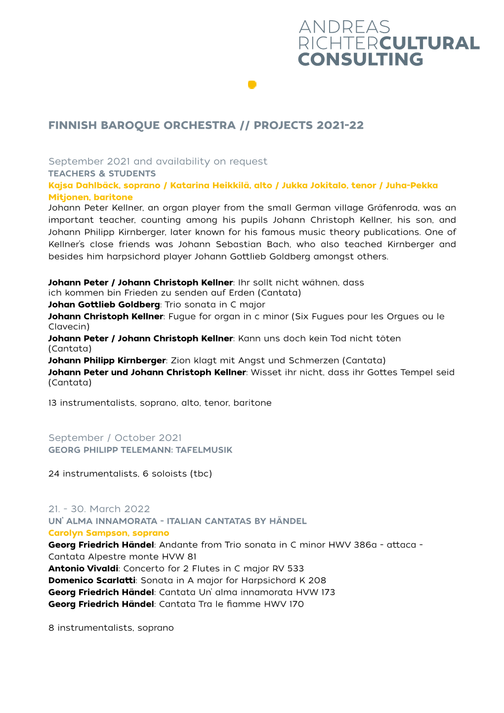 Projects Finnish Baroque Ochestra : 2021-22