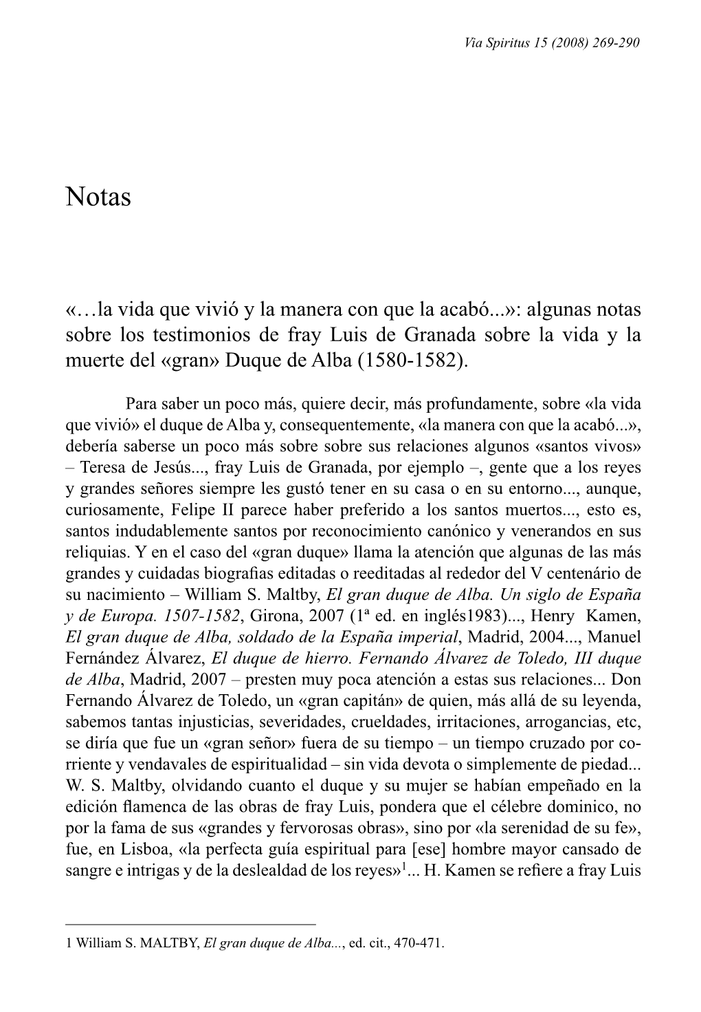 Algunas Notas Sobre Los Testimonios De Fray Luis De Granada Sobre La Vida Y La Muerte Del «Gran» Duque De Alba (1580-1582)