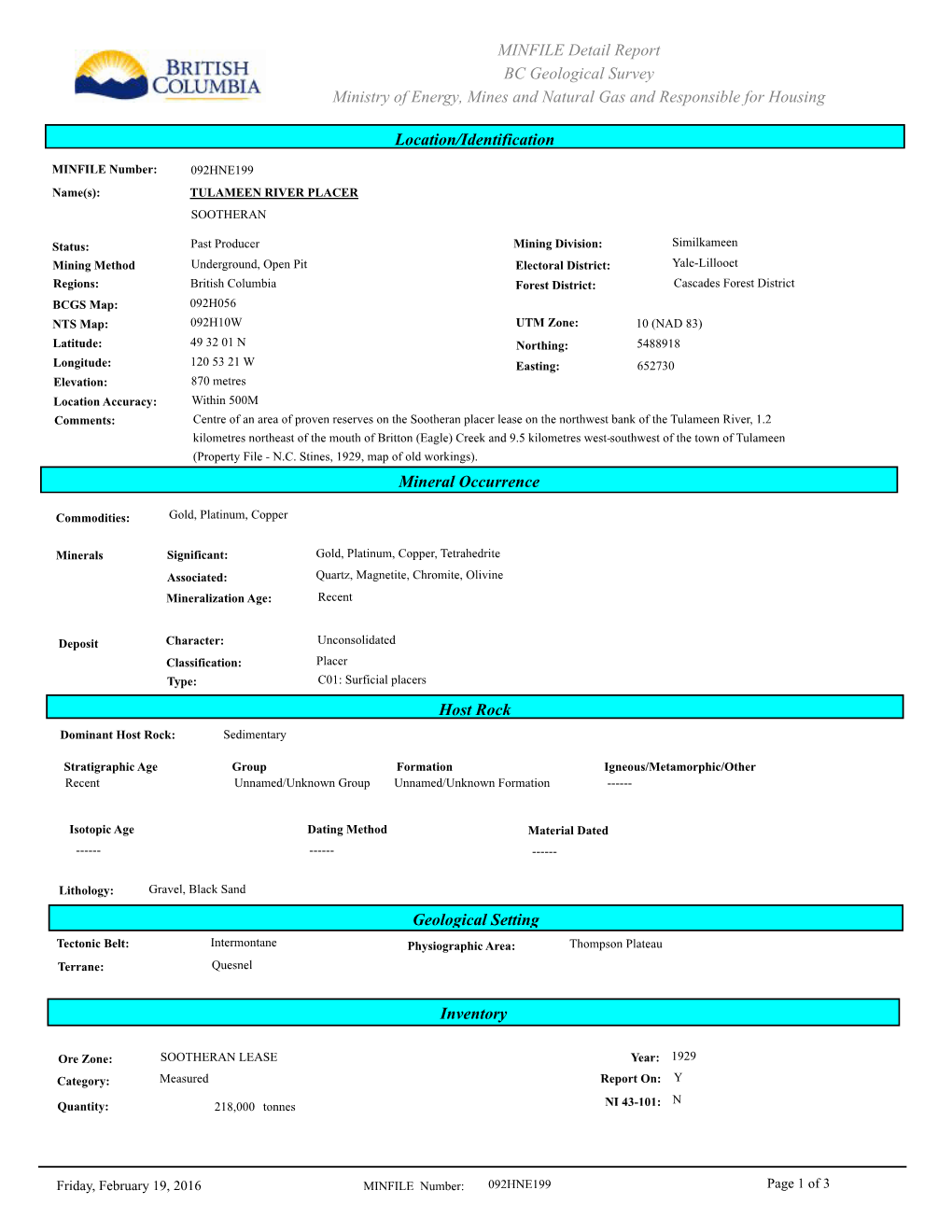 MINFILE Detail Report BC Geological Survey Ministry of Energy, Mines and Natural Gas and Responsible for Housing