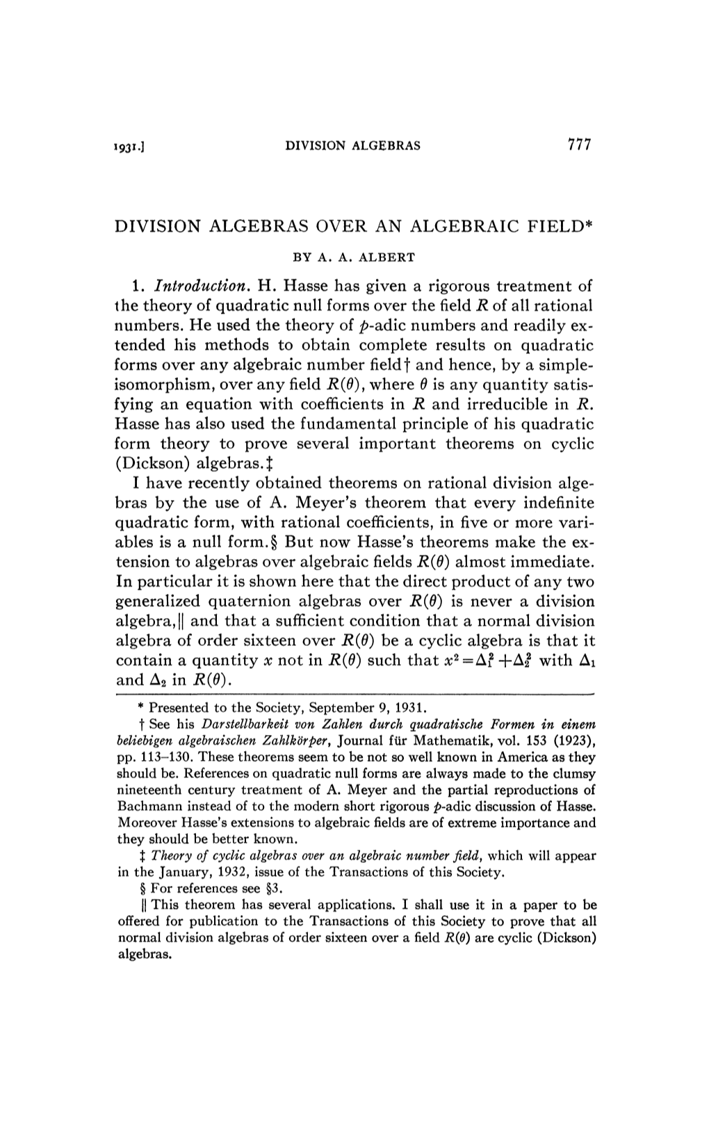 DIVISION ALGEBRAS OVER an ALGEBRAIC FIELD* 1. Introduction