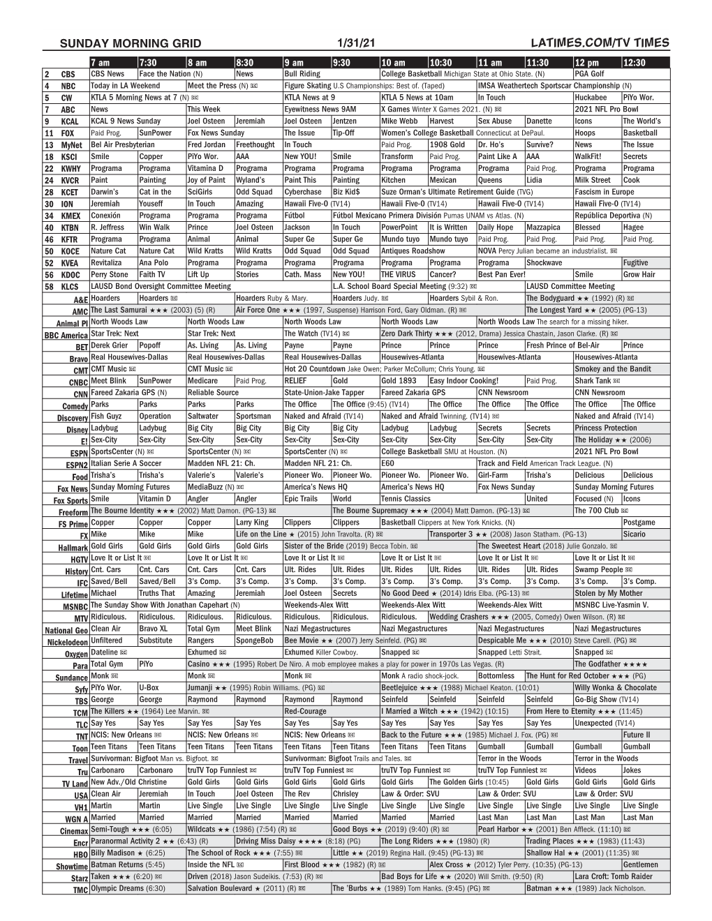 Sunday Morning Grid 1/31/21 Latimes.Com/Tv Times