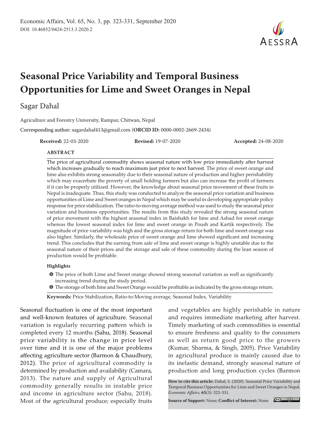 Seasonal Price Variability and Temporal Business Opportunities for Lime and Sweet Oranges in Nepal Sagar Dahal