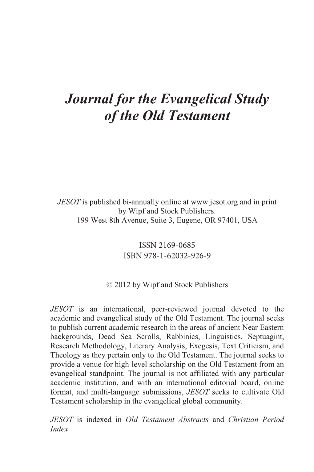 Download Journal for the Evangelical Study of the Old Testament