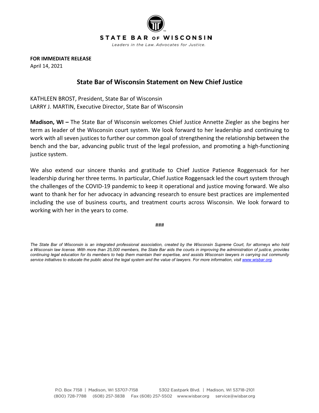 State Bar of Wisconsin Statement on New Chief Justice