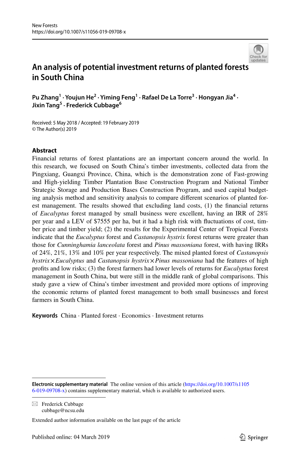 An Analysis of Potential Investment Returns of Planted Forests in South China