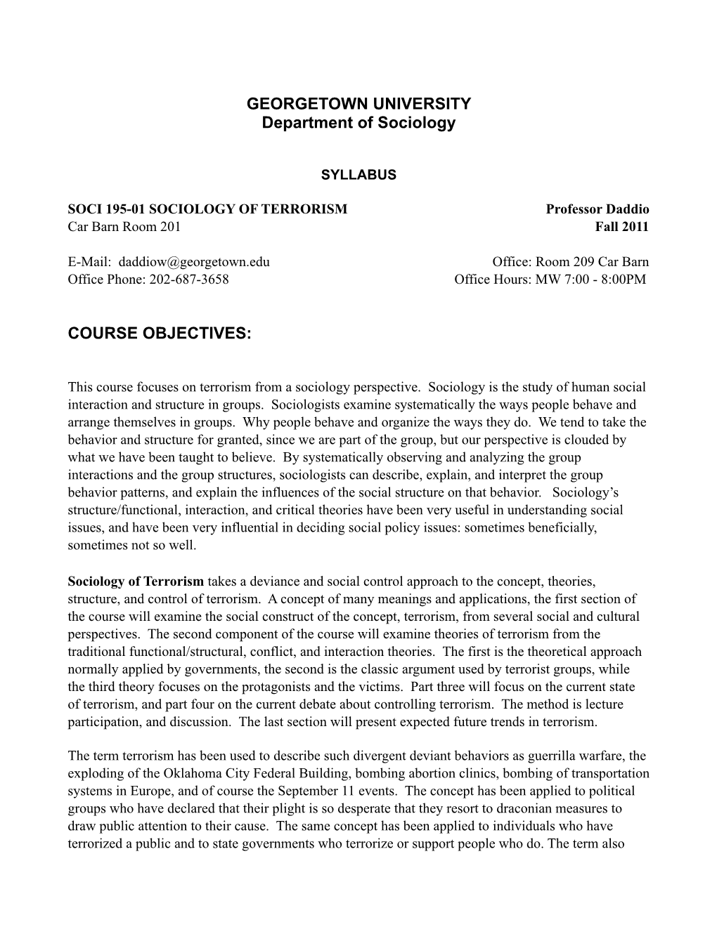 GEORGETOWN UNIVERSITY Department of Sociology COURSE