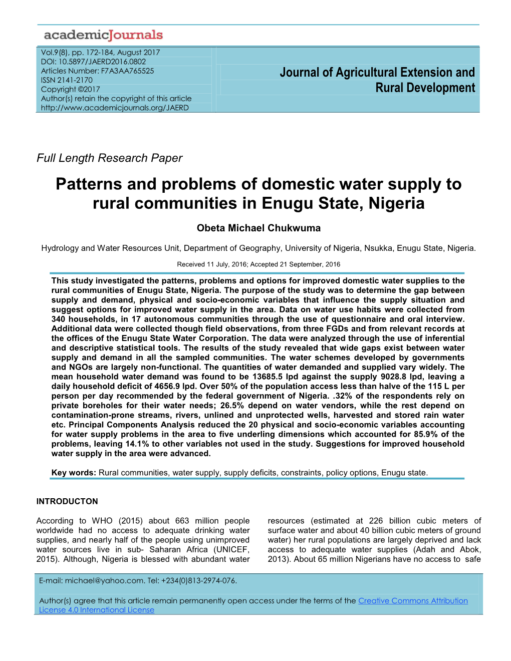 Patterns and Problems of Domestic Water Supply to Rural Communities in Enugu State, Nigeria