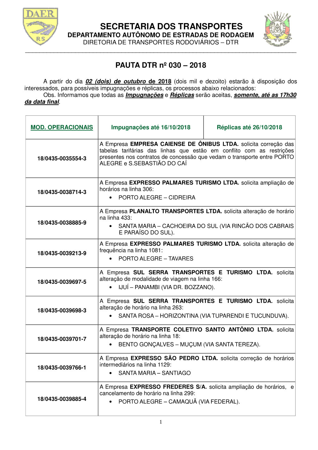 Secretaria Dos Transportes Departamento Autônomo De Estradas De Rodagem Diretoria De Transportes Rodoviários – Dtr ______