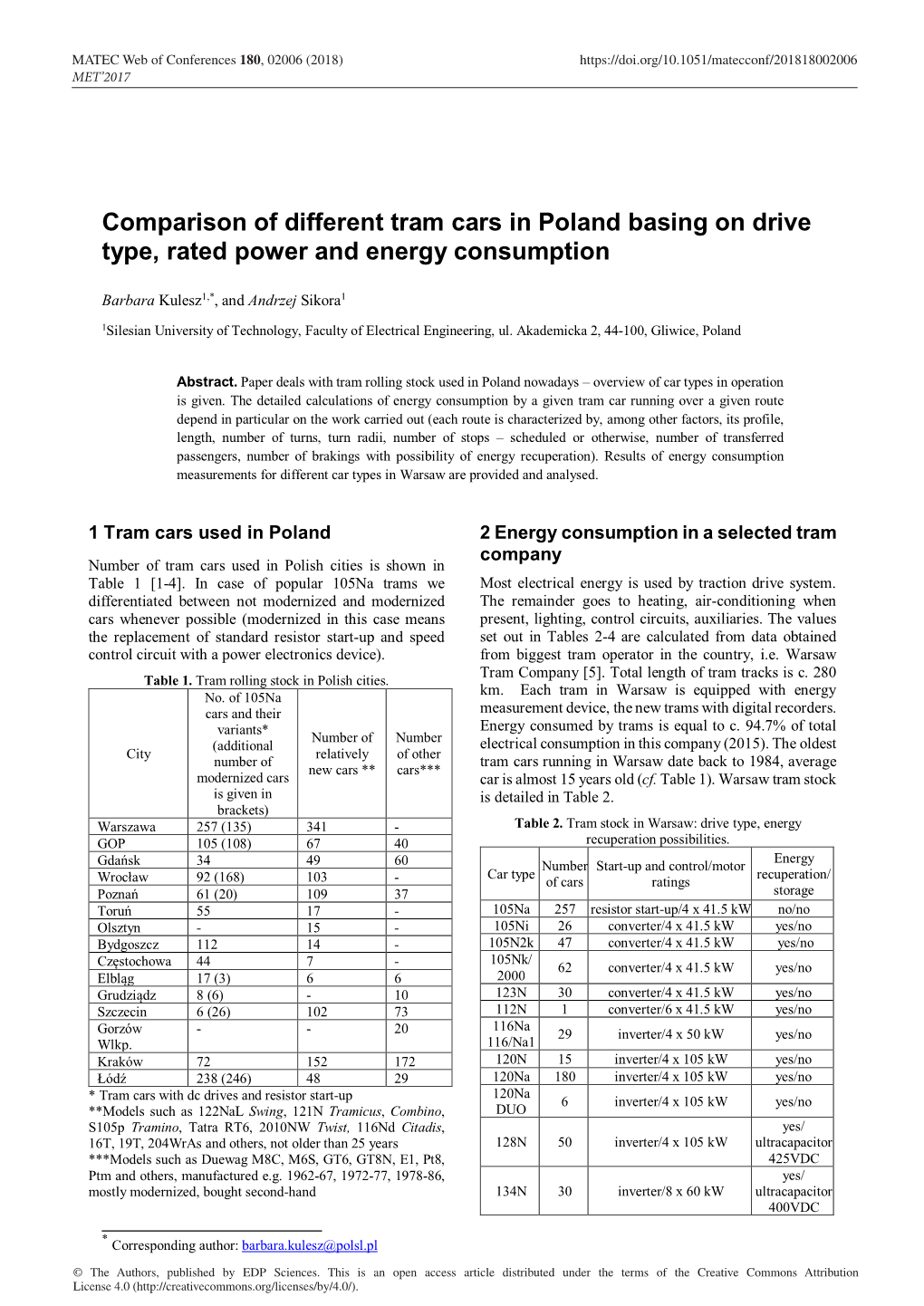 Comparison of Different Tram Cars in Poland Basing on Drive Type, Rated Power and Energy Consumption