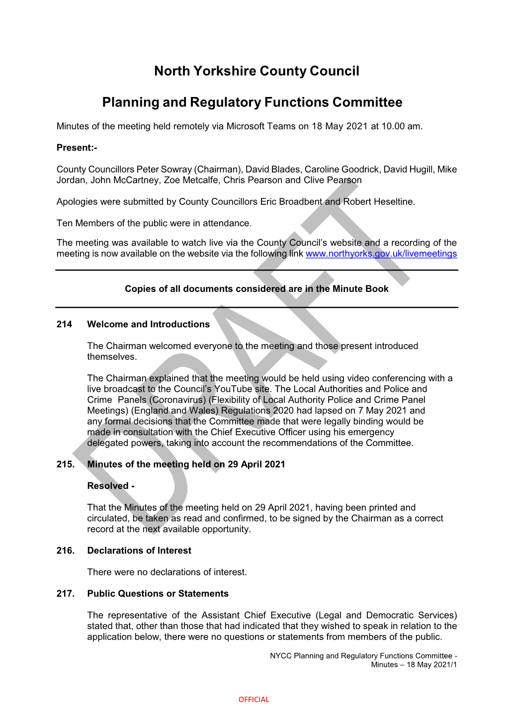 North Yorkshire County Council Planning and Regulatory Functions