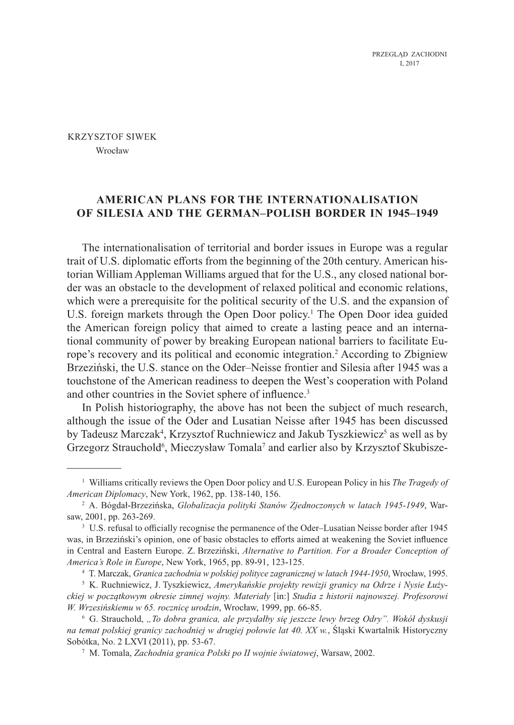 American Plans for the Internationalisation of Silesia and the German–Polish Border in 1945–1949