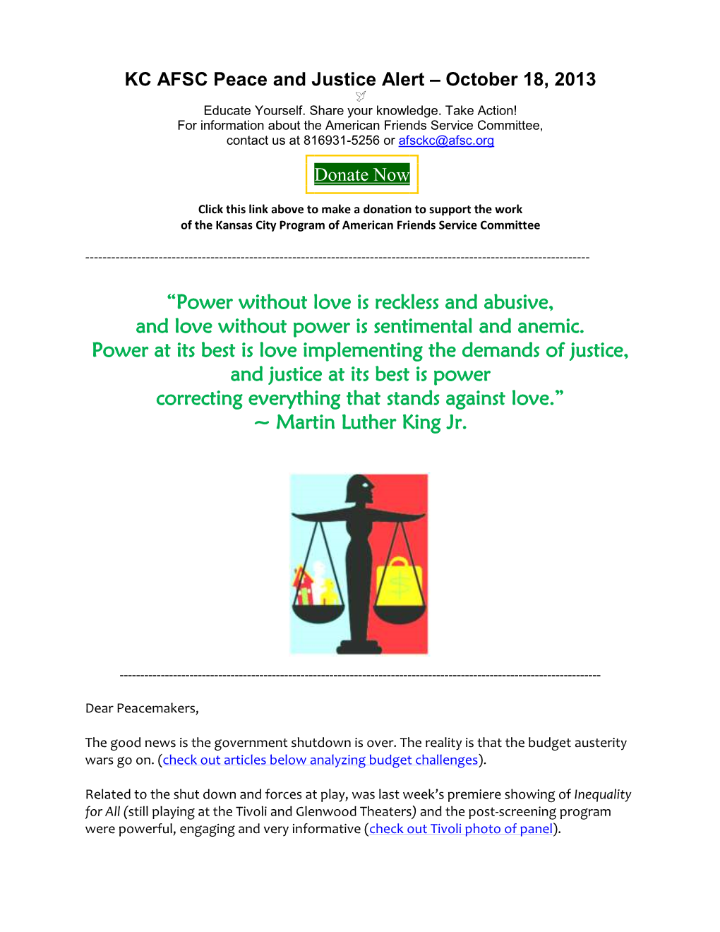 KC AFSC Peace and Justice Alert – October 18, 2013  Educate Yourself