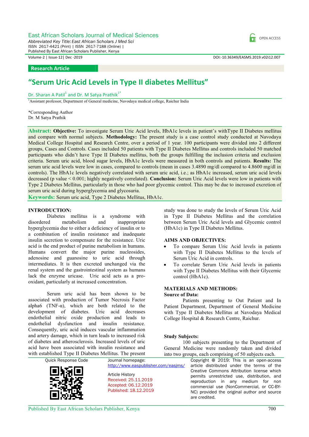 “Serum Uric Acid Levels in Type II Diabetes Mellitus”