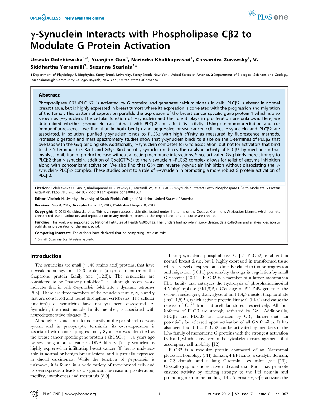 C-Synuclein Interacts with Phospholipase Cb2 to Modulate G Protein Activation