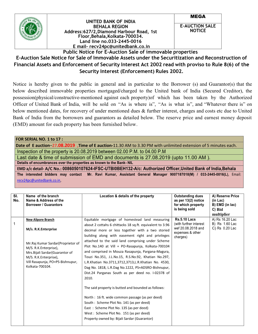 Public Notice for E-Auction Sale of Immovable Properties E-Auction