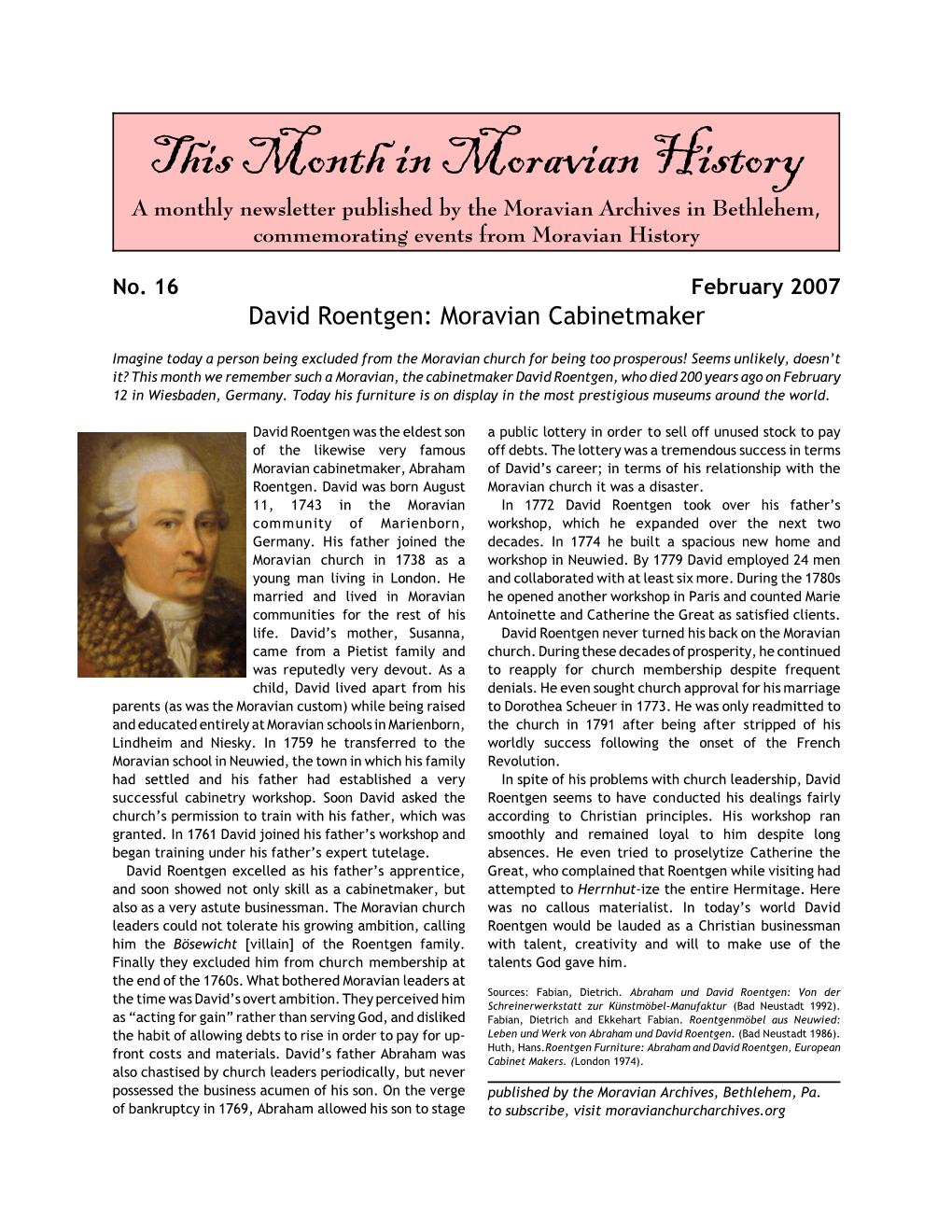 This Month in Moravian History a Monthly Newsletter Published by the Moravian Archives in Bethlehem, Commemorating Events from Moravian History