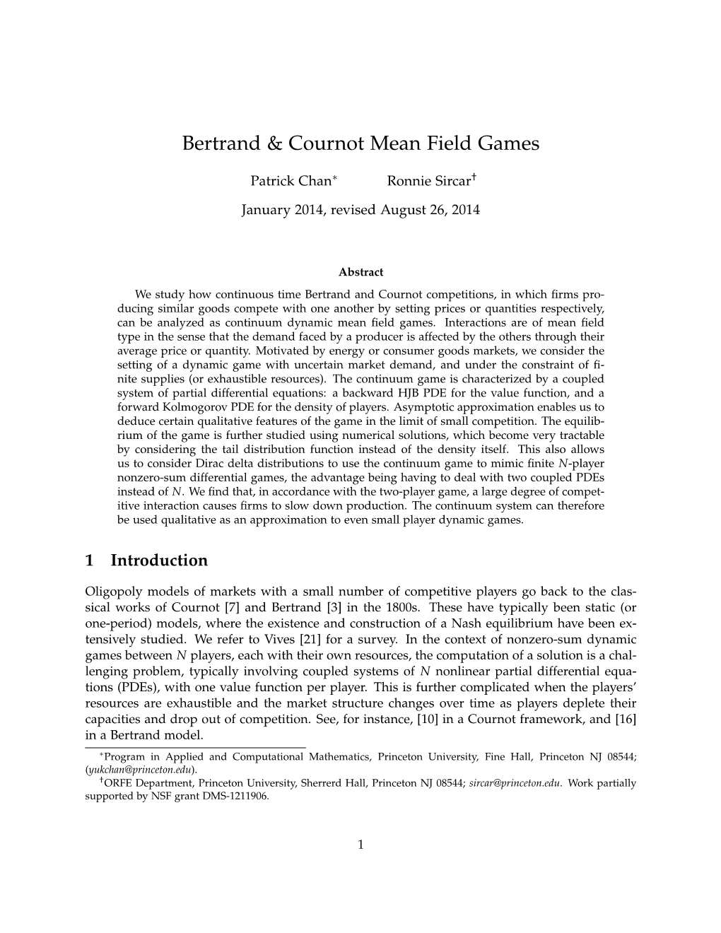 Bertrand & Cournot Mean Field Games