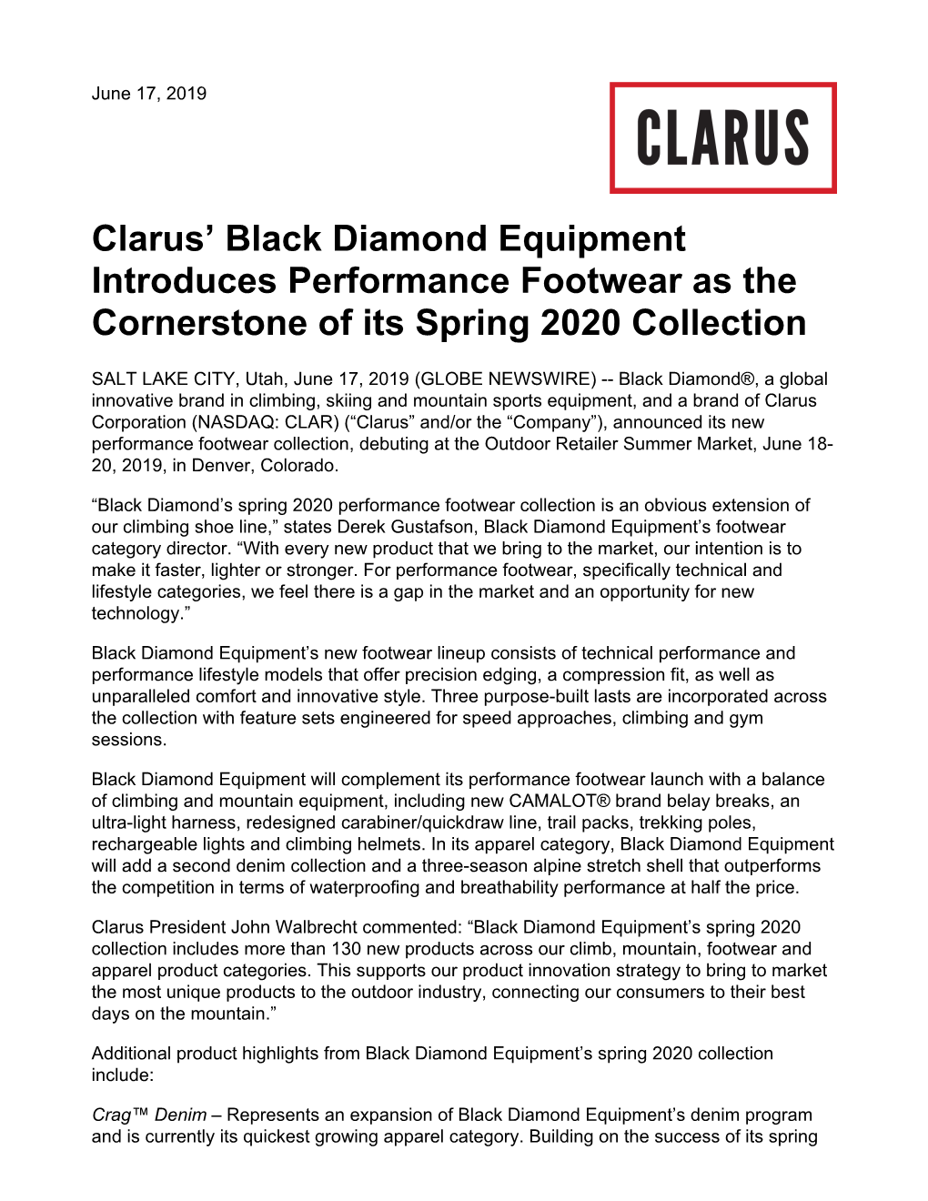 Clarus' Black Diamond Equipment Introduces