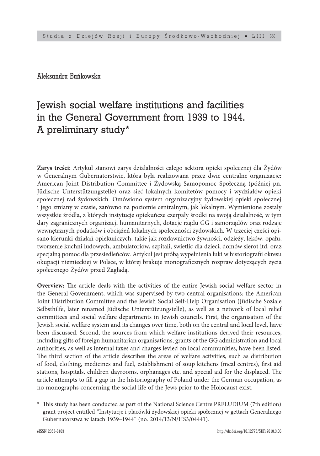 Jewish Social Welfare Institutions and Facilities in the General Government from 1939 to 1944