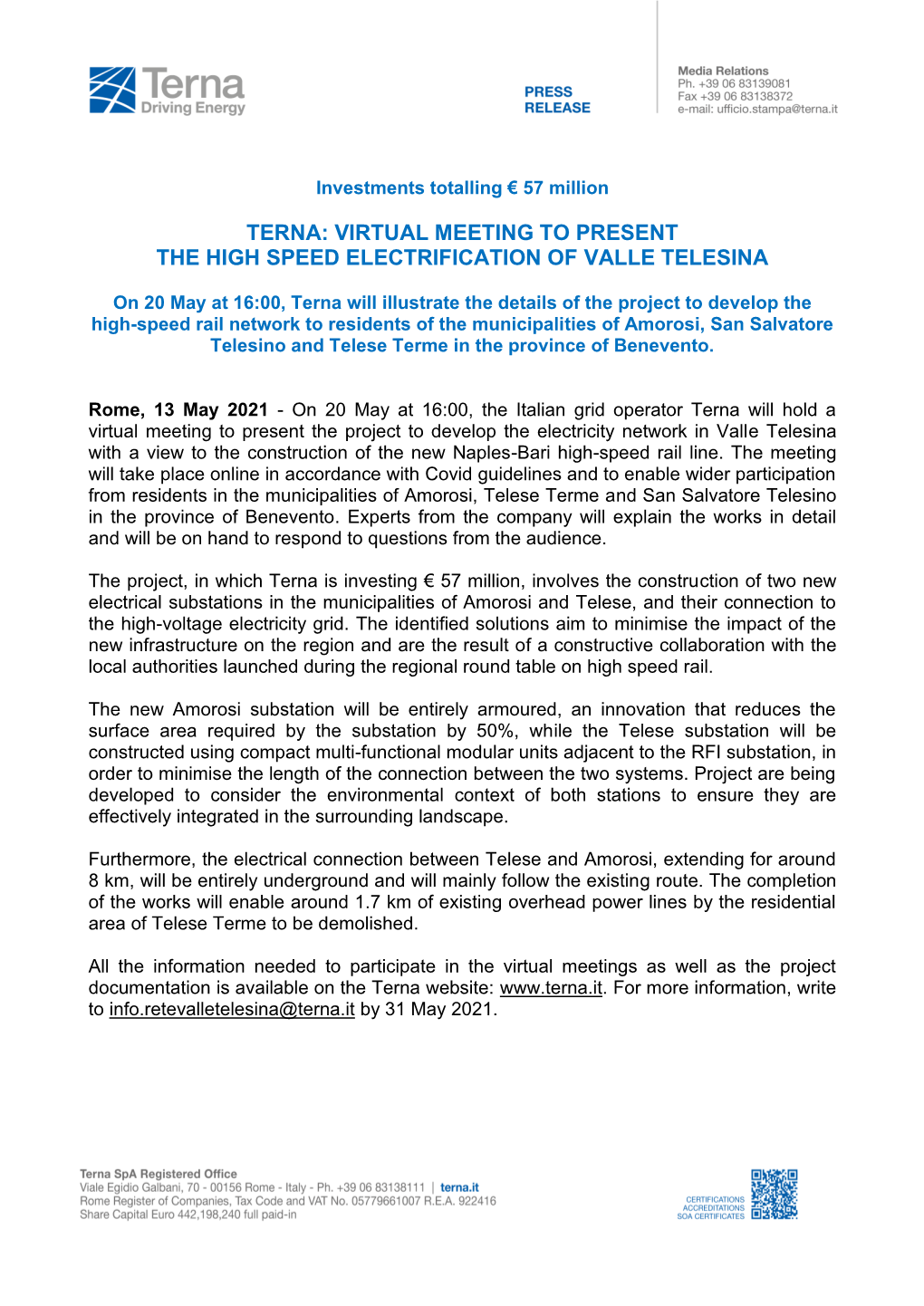 Terna: Virtual Meeting to Present the High Speed Electrification of Valle Telesina