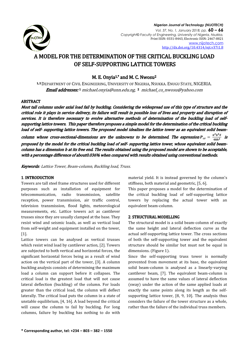 A Model for the Determination of the Critical Buckling Load of Self-Supporting Lattice Towers