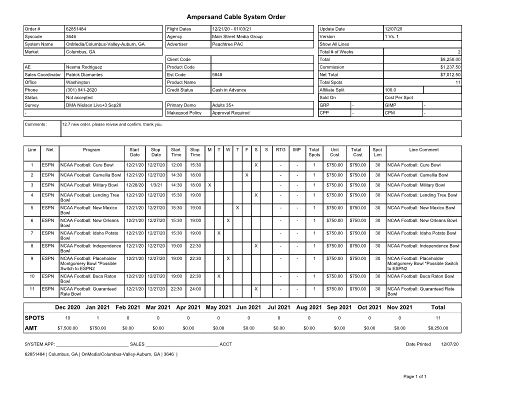 Ampersand Cable System Order