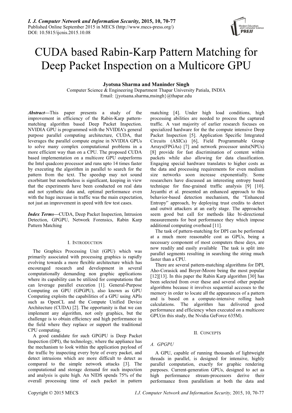 CUDA Based Rabin-Karp Pattern Matching for Deep Packet Inspection on a Multicore GPU