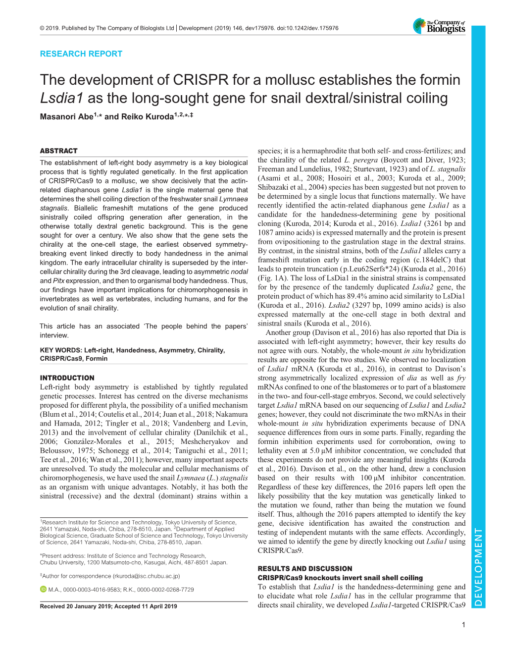 The Development of CRISPR for a Mollusc Establishes the Formin Lsdia1 As the Long-Sought Gene for Snail Dextral/Sinistral Coilin