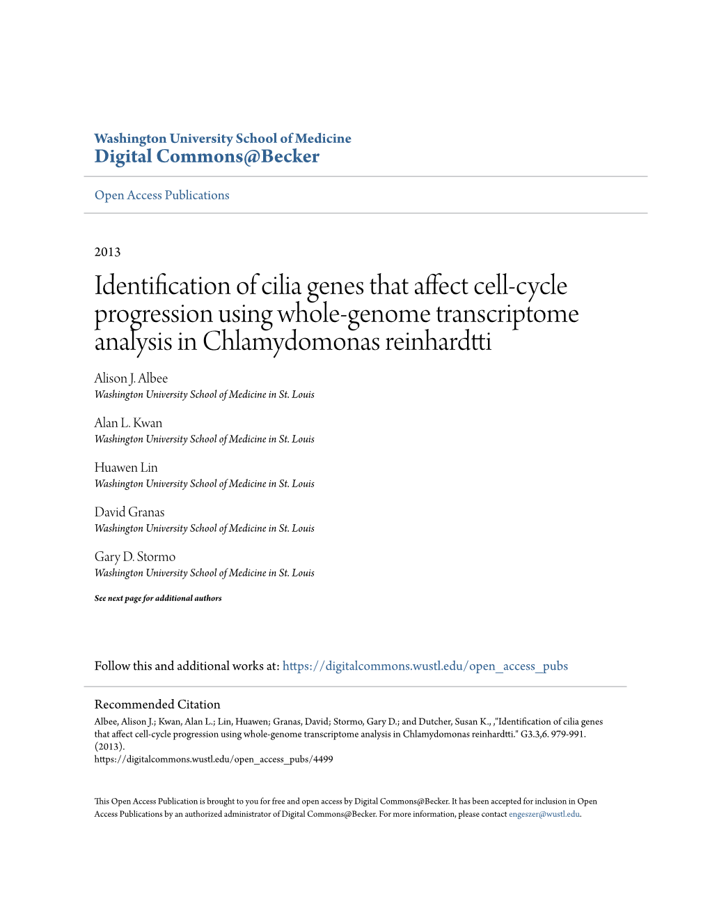 Identification of Cilia Genes That Affect Cell-Cycle Progression Using Whole-Genome Transcriptome Analysis in Chlamydomonas Reinhardtti Alison J