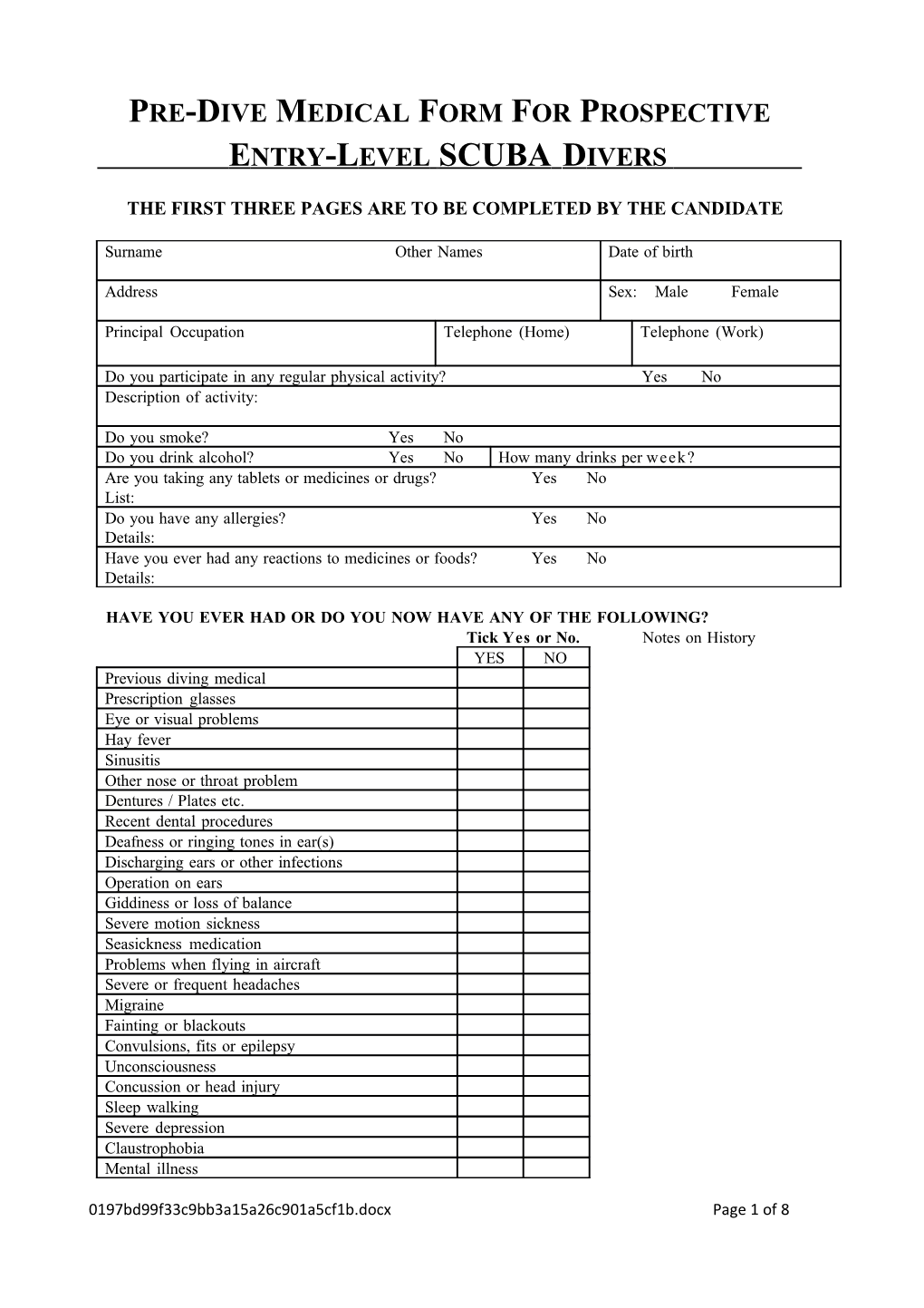 Pre-Dive Medical Form for Prospective