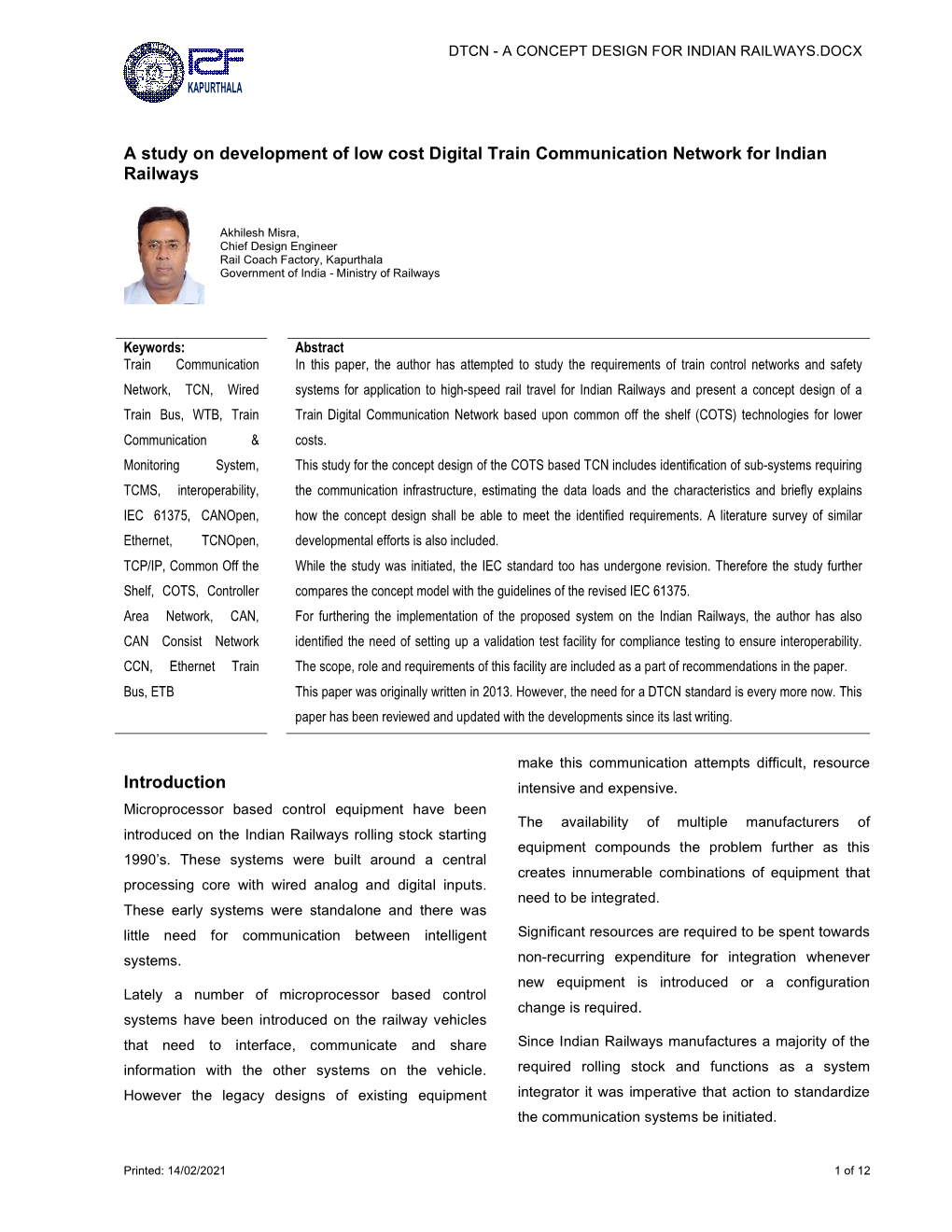 A Study on Development of Low Cost Digital Train Communication Network for Indian Railways