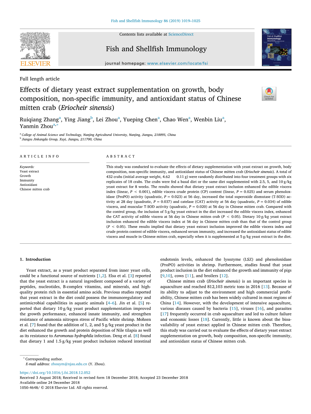 Effects of Dietary Yeast Extract Supplementation on Growth, Body