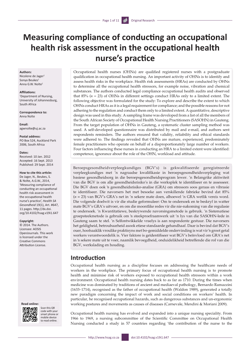 Measuring Compliance of Conducting an Occupational Health Risk Assessment in the Occupational Health Nurse's Practice