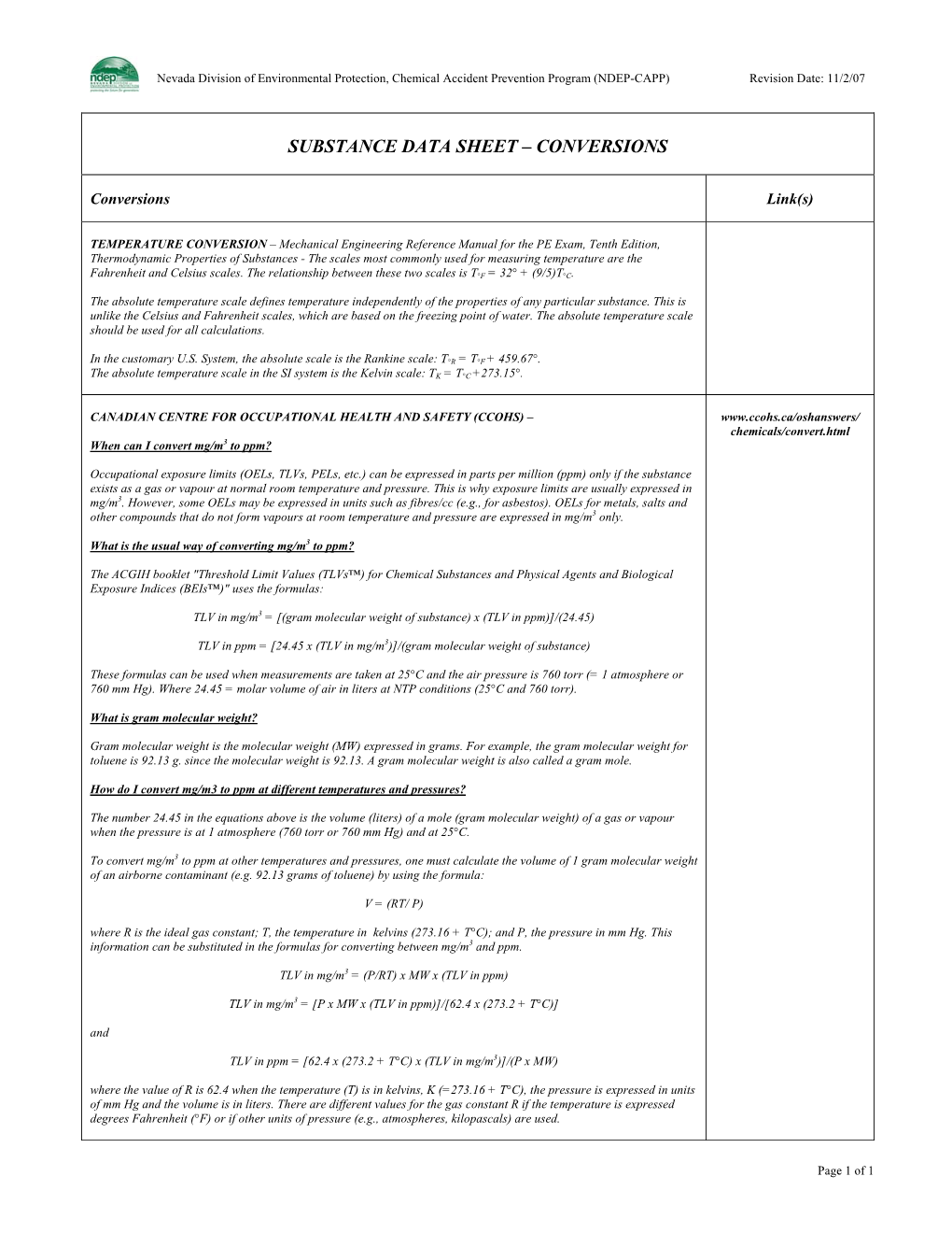 Substance Data Sheet – Conversions