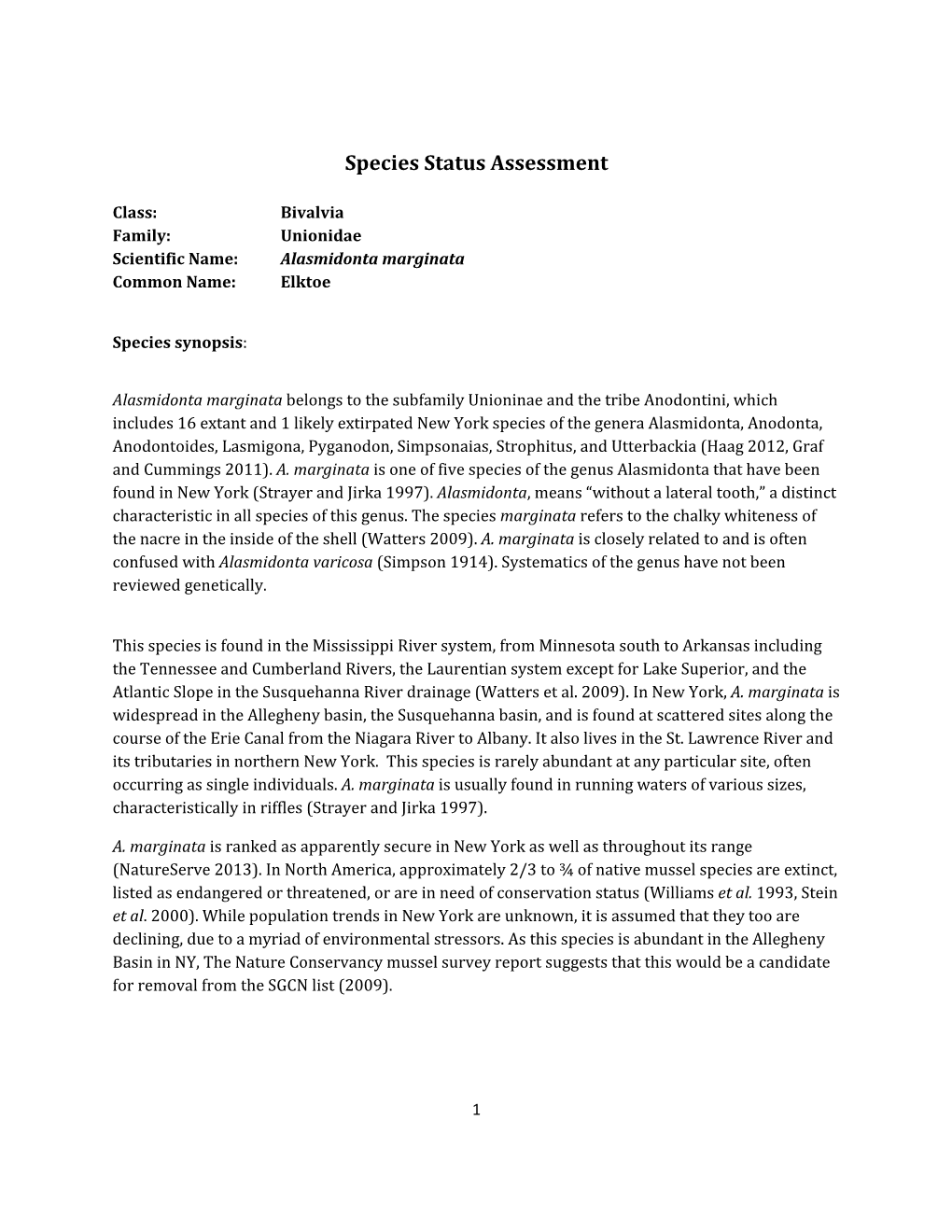 Species Assessment for Elktoe