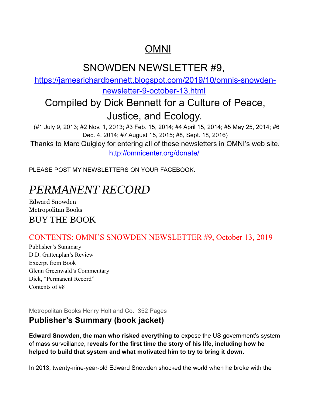 SNOWDEN NEWSLETTER #9, October 13, 2019 Publisher’S Summary D.D