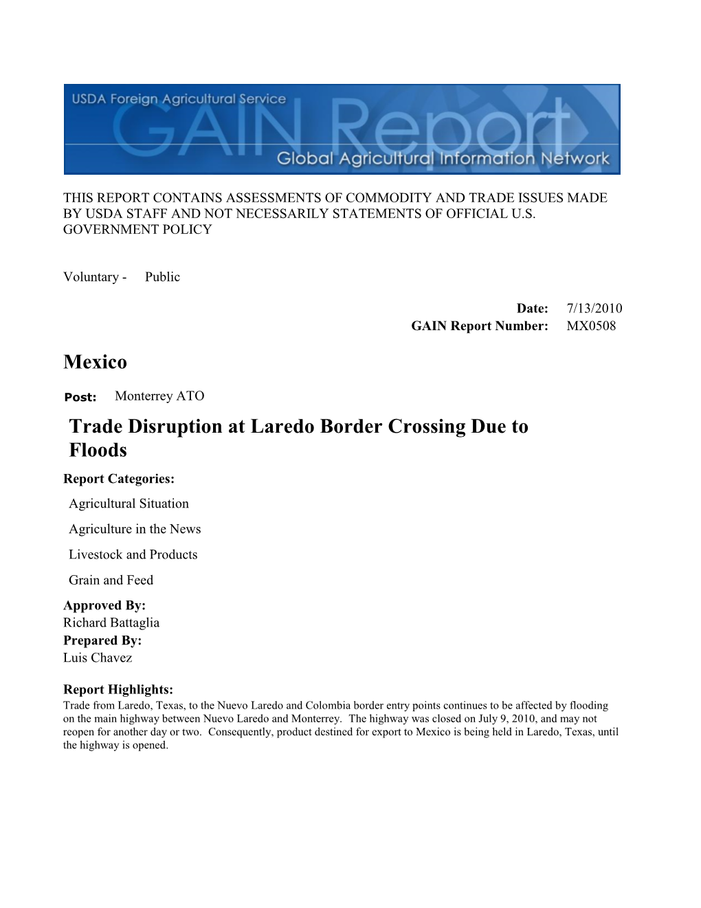 Mexico Trade Disruption at Laredo Border Crossing Due to Floods