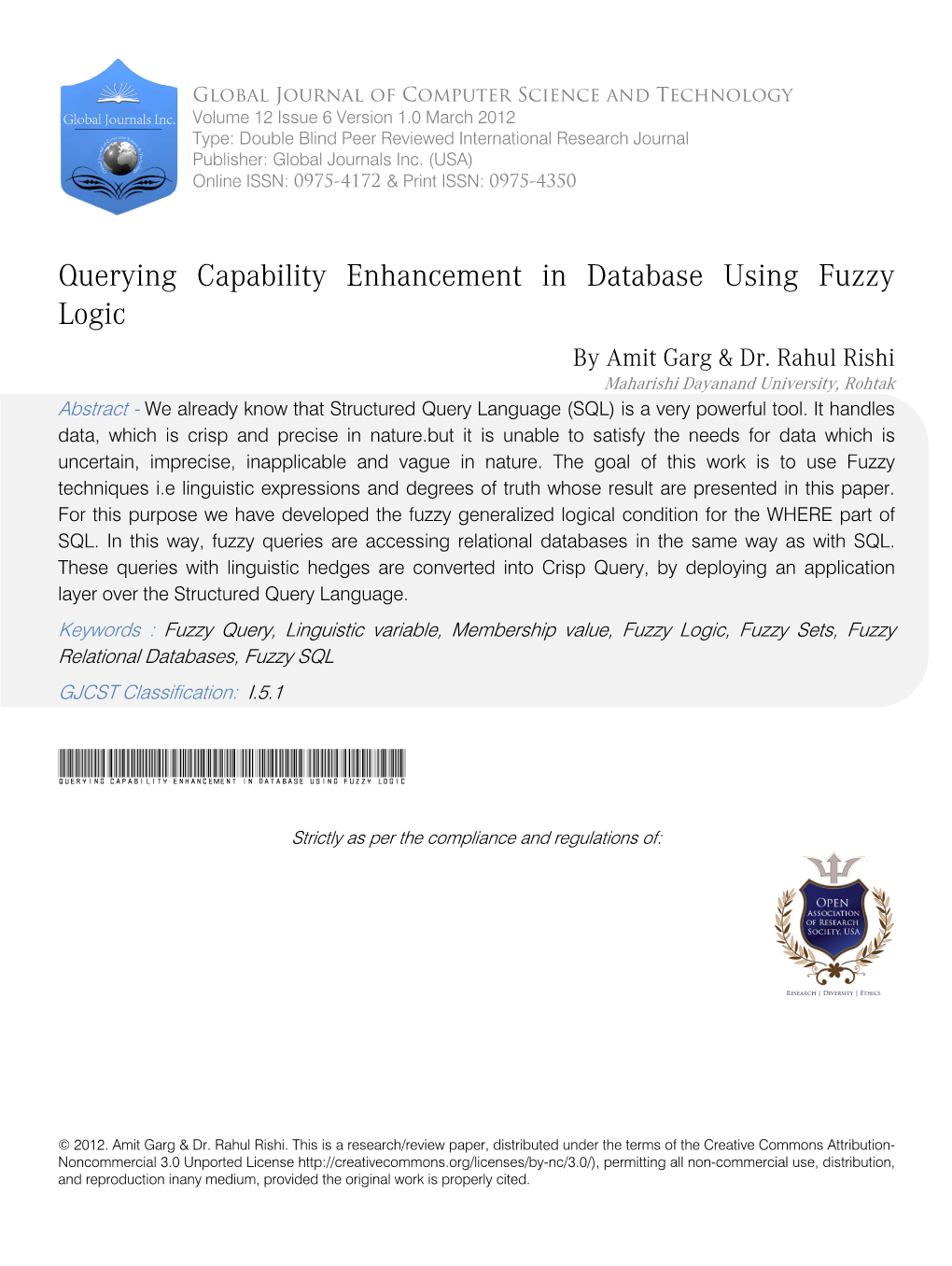 Querying Capability Enhancement in Database Using Fuzzy Logic by Amit Garg & Dr