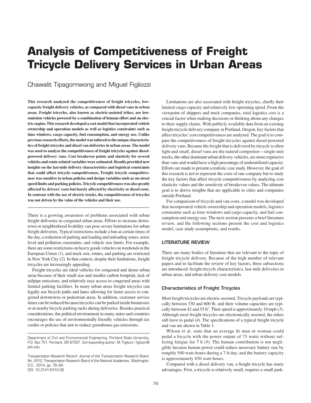 Analysis of Competitiveness of Freight Tricycle Delivery Services in Urban Areas