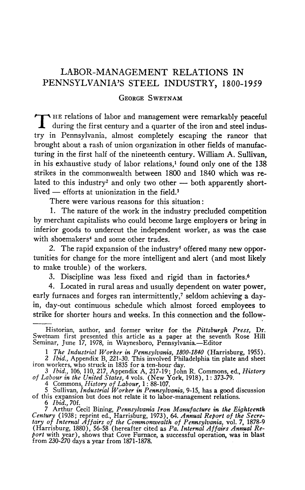 LABOR-MANAGEMENT RELATIONS in PENNSYLVANIA's STEEL INDUSTRY, 1800-1959 George Swetnam