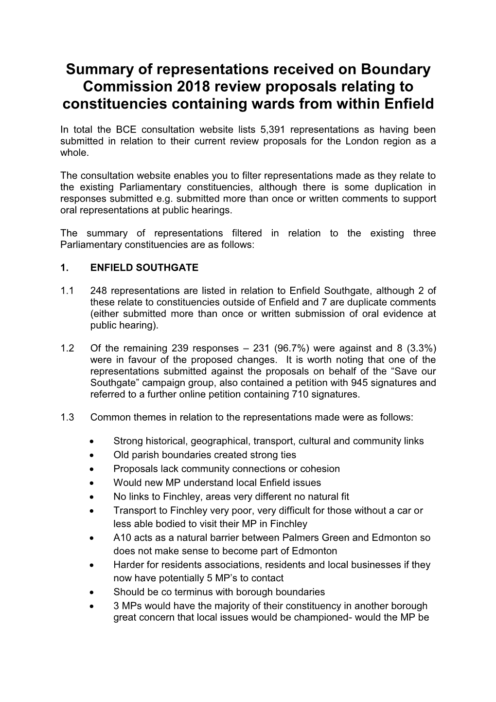 Summary of Representations Received on Boundary Commission 2018 Review Proposals Relating to Constituencies Containing Wards from Within Enfield